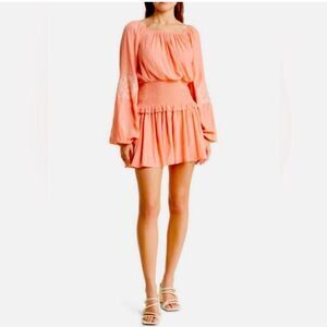 Ramy Brook Marianne Smock Waist Long Sleeve  Mini Dress Deco Rose Size XS